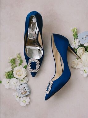 Badgley Mischka Cobalt Blue Satin Pointed Toe Pumps with Crystal Buckle